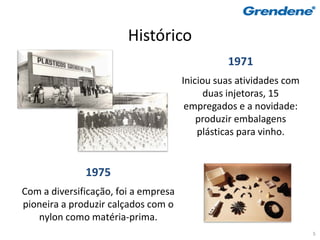Histórico
                                                1971
                                      Iniciou suas atividades com
                                            duas injetoras, 15
                                       empregados e a novidade:
                                          produzir embalagens
                                          plásticas para vinho.


              1975
Com a diversificação, foi a empresa
pioneira a produzir calçados com o
   nylon como matéria-prima.
                                                                    5
 