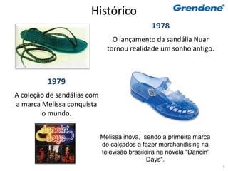 Histórico
                                               1978
                                 O lançamento da sandália Nuar
                               tornou realidade um sonho antigo.



          1979
A coleção de sandálias com
a marca Melissa conquista
        o mundo.


                             Melissa inova, sendo a primeira marca
                             de calçados a fazer merchandising na
                             televisão brasileira na novela "Dancin'
                                              Days".
                                                                       6
 