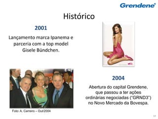 Histórico
                 2001
Lançamento marca Ipanema e
  parceria com a top model
      Gisele Bündchen.




                                                  2004
                                        Abertura do capital Grendene,
                                           que passou a ter ações
                                      ordinárias negociadas (“GRND3”)
                                       no Novo Mercado da Bovespa.
 Foto: A. Carreiro – Out/2004
                                                                        10
 