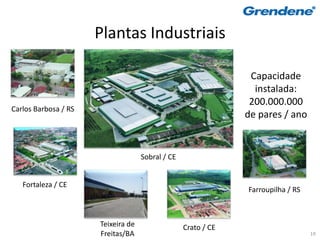 Plantas Industriais

                                                                Capacidade
                                                                 instalada:
                                                                200.000.000
Carlos Barbosa / RS
                                                               de pares / ano


                                    Sobral / CE


   Fortaleza / CE
                                                               Farroupilha / RS



                      Teixeira de                 Crato / CE
                      Freitas/BA                                                  19
 