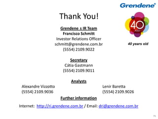 Thank You!
                      Grendene s IR Team
                        Francisco Schmitt
                    Investor Relations Officer
                   schmitt@grendene.com.br                40 years old
                        (5554) 2109.9022

                           Secretary
                        Cátia Gastmann
                       (5554) 2109.9011

                            Analysts
 Alexandre Vizzotto                          Lenir Baretta
 (5554) 2109.9036                            (5554) 2109.9026
                      Further information
Internet: http://ri.grendene.com.br / Email: dri@grendene.com.br

                                                                         76
 