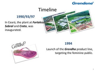 Timeline
         1990/93/97
In Ceará, the plant at Fortaleza,
Sobral and Crato, was
inaugurated.



                                                  1994
                                    Launch of the Grendha product line,
                                          targeting the feminine public.



                                                                       8
 