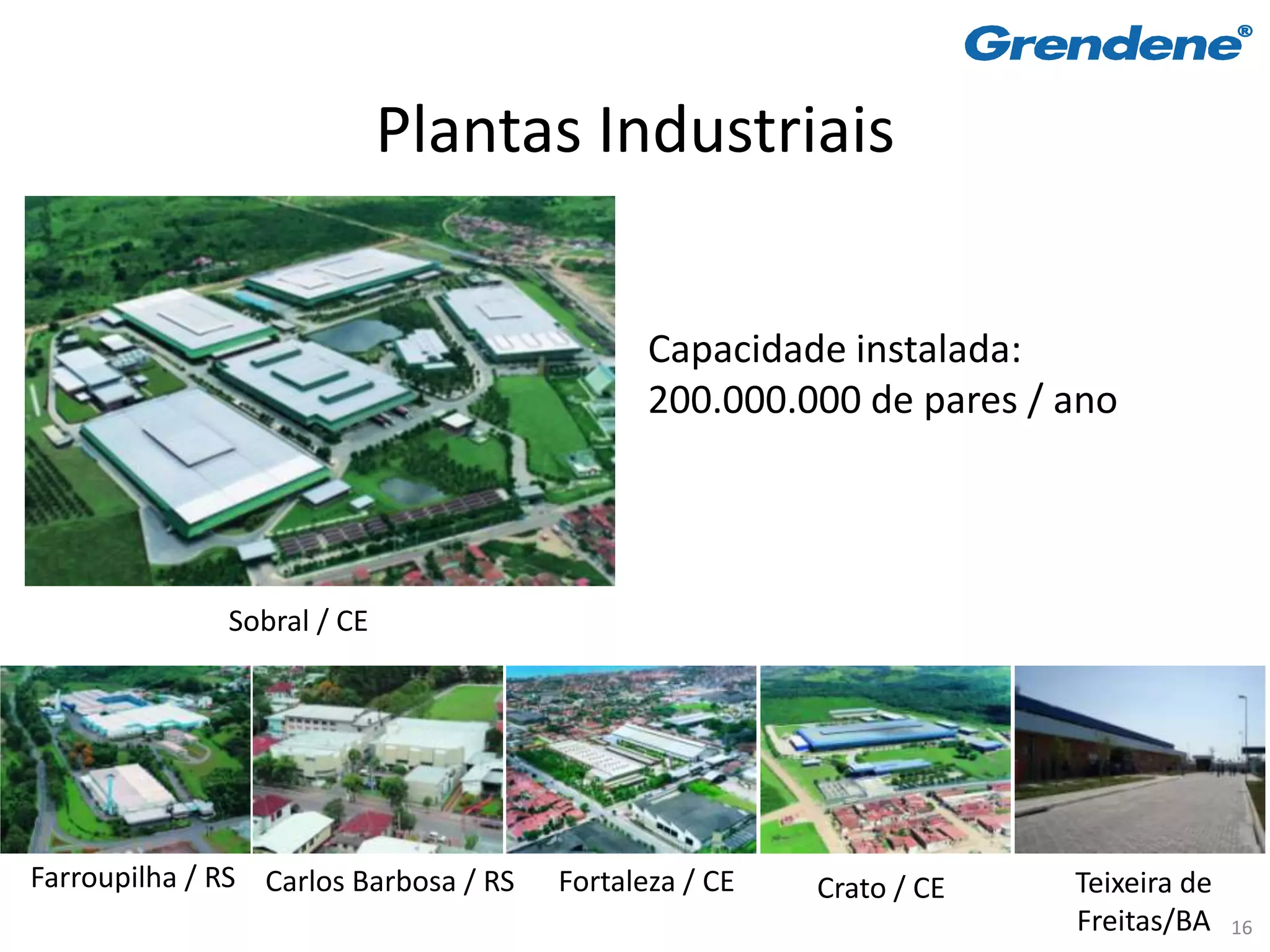 Plantas Industriais

                                              Capacidade instalada:
                                              200.000.000 de pares / ano




              Sobral / CE




Farroupilha / RS Carlos Barbosa / RS   Fortaleza / CE   Crato / CE   Teixeira de
                                                                     Freitas/BA    16
 