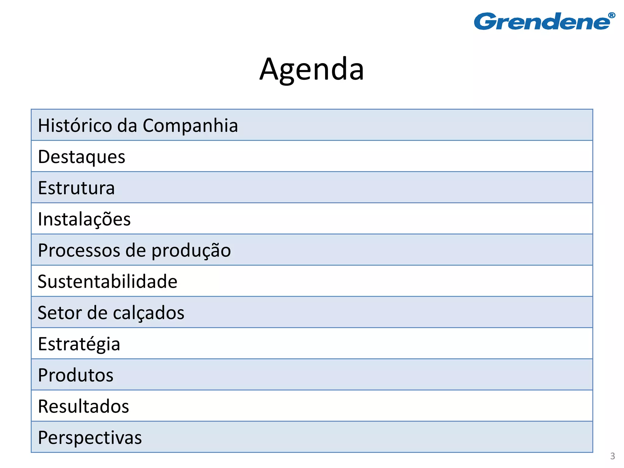 Agenda
Histórico da Companhia
Destaques
Estrutura
Instalações
Processos de produção
Sustentabilidade
Setor de calçados
Estratégia
Produtos
Resultados
Perspectivas
                                  3
 