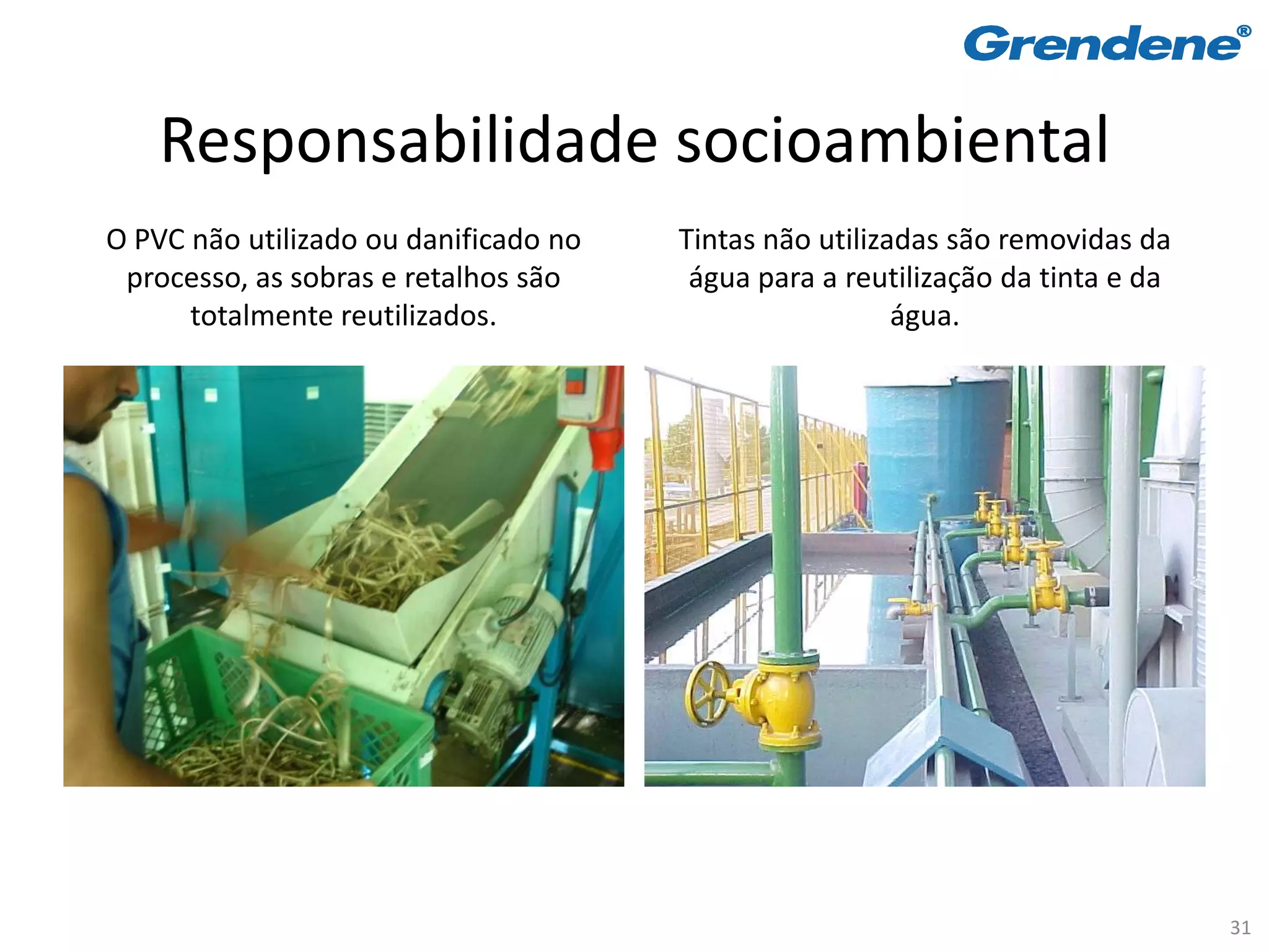 Responsabilidade socioambiental
O PVC não utilizado ou danificado no   Tintas não utilizadas são removidas da
 processo, as sobras e retalhos são     água para a reutilização da tinta e da
      totalmente reutilizados.                           água.




                                                                                 31
 