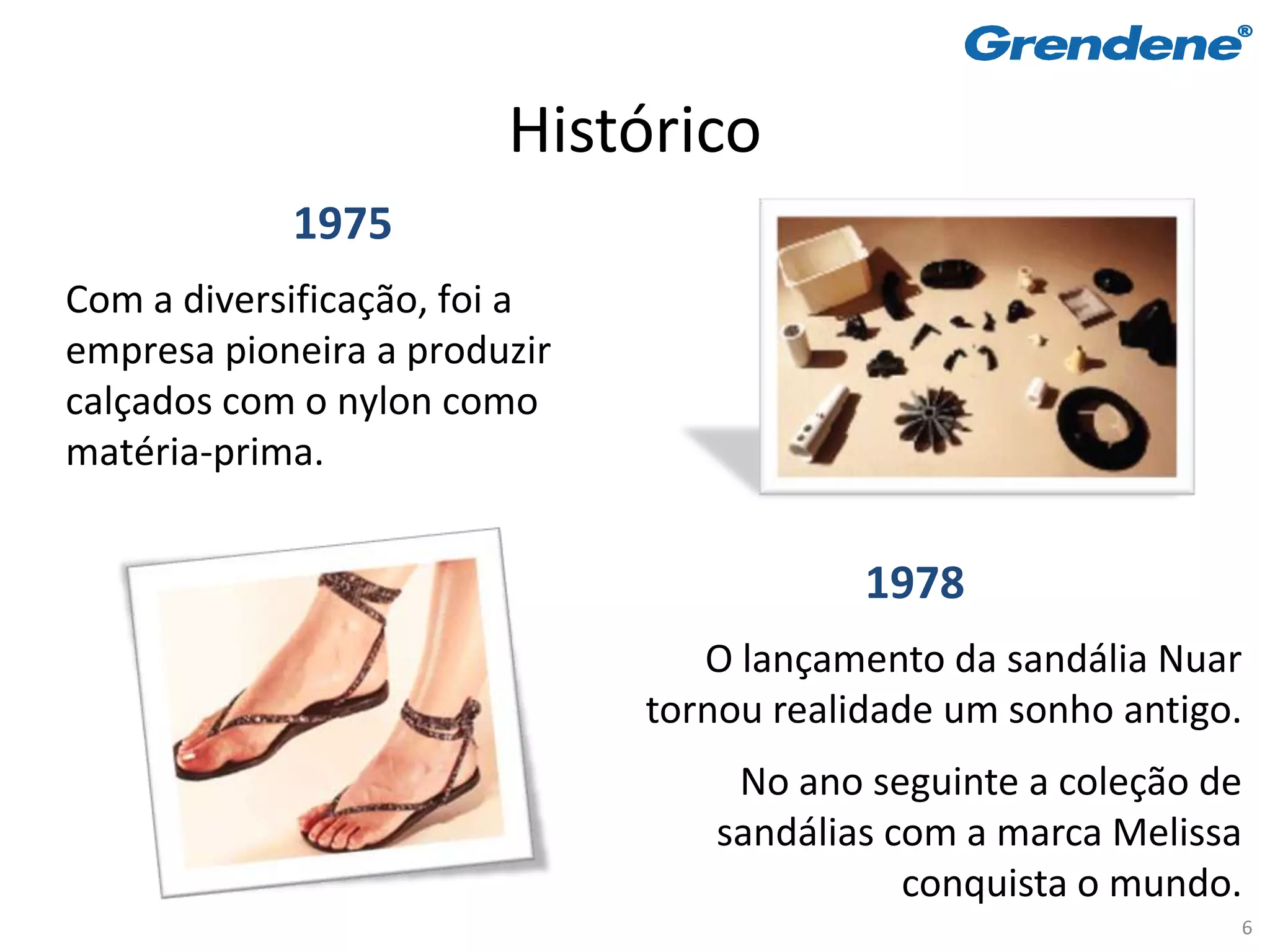 Histórico
            1975
Com a diversificação, foi a
empresa pioneira a produzir
calçados com o nylon como
matéria-prima.


                                          1978
                                 O lançamento da sandália Nuar
                              tornou realidade um sonho antigo.
                                  No ano seguinte a coleção de
                                 sandálias com a marca Melissa
                                            conquista o mundo.
                                                              6
 