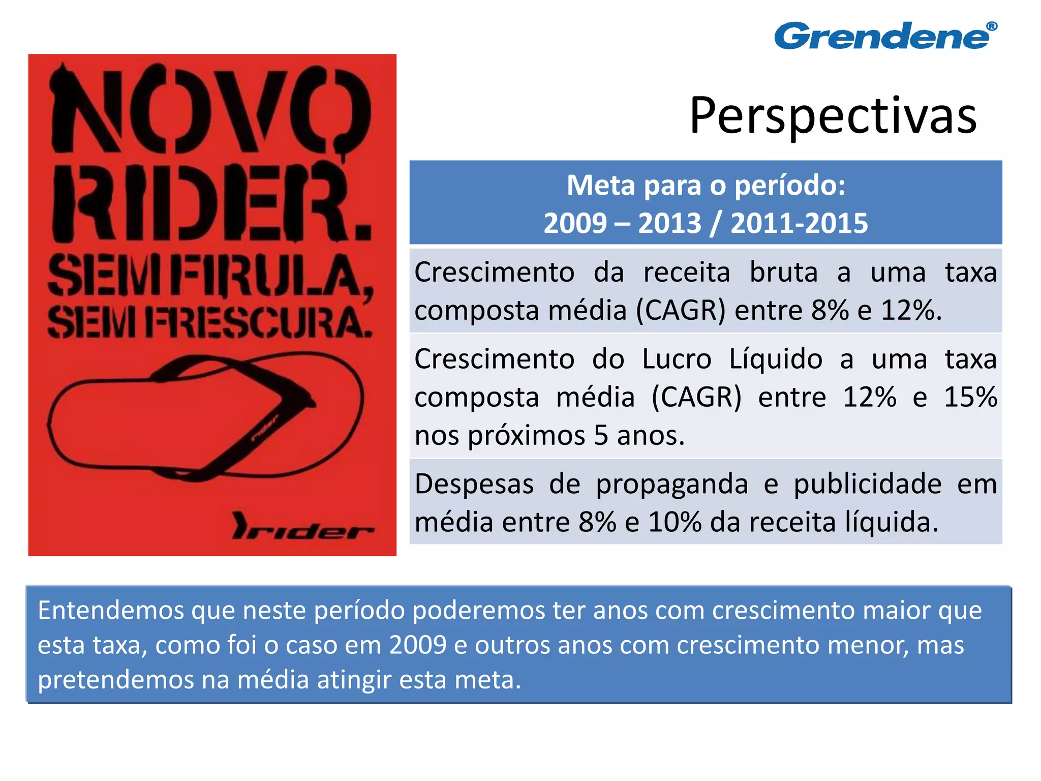 Perspectivas
                                         Meta para o período:
                                        2009 – 2013 / 2011-2015
                             Crescimento da receita bruta a uma taxa
                             composta média (CAGR) entre 8% e 12%.
                             Crescimento do Lucro Líquido a uma taxa
                             composta média (CAGR) entre 12% e 15%
                             nos próximos 5 anos.
                             Despesas de propaganda e publicidade em
                             média entre 8% e 10% da receita líquida.

Entendemos que neste período poderemos ter anos com crescimento maior que
esta taxa, como foi o caso em 2009 e outros anos com crescimento menor, mas
pretendemos na média atingir esta meta.

                                                                              75
 