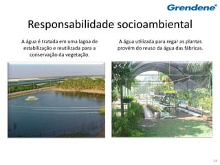 Responsabilidade socioambiental
A água é tratada em uma lagoa de       A água utilizada para regar as plantas
 estabilização e reutilizada para a   provém do reuso da água das fábricas.
    conservação da vegetação.




                                                                                24
 