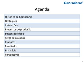 Agenda
Histórico da Companhia
Destaques
Instalações
Processos de produção
Sustentabilidade
Setor de calçados
Produtos
Resultados
Estratégia
Perspectivas

                                  3
 