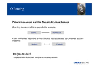 O Renting


 Palavra inglesa que significa Aluguer de Longa Duração

 O renting é uma modalidade que substitui a relação:

                        COMPRA                      PROPRIEDADE




 Como forma mais tradicional e enraizada nas nossas atitudes, por uma mais actual e
 moderna:
                         ALUGUER                         UTILIDADE




 Regra de ouro
 Compre recursos apreciáveis e alugue recursos depreciáveis.


                                                                                      2
 