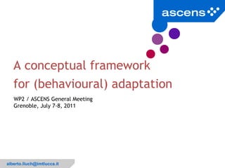 A conceptual framework
   for (behavioural) adaptation
   WP2 / ASCENS General Meeting
   Grenoble, July 7-8, 2011




                                  1


alberto.lluch@imtlucca.it
 