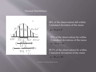 Normal Distribution
68% of the observations fall within
I standard deviation of the mean
  ,
95% of the observations lie within
2 standard deviations of the mean
 2,2 
99.7% of the observations lie within
3 standard deviations of the mean
 3,3 
mathews.suman@gmail.com
 