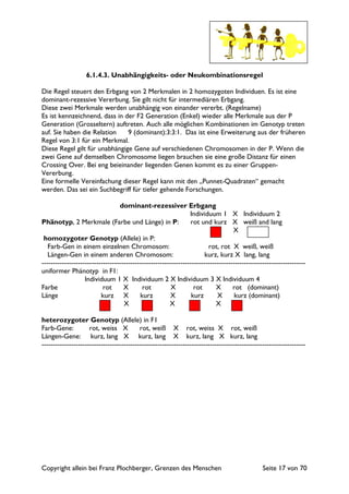 Copyright allein bei Franz Plochberger, Grenzen des Menschen Seite 17 von 70
6.1.4.3. Unabhängigkeits- oder Neukombinationsregel
Die Regel steuert den Erbgang von 2 Merkmalen in 2 homozygoten Individuen. Es ist eine
dominant-rezessive Vererbung. Sie gilt nicht für intermediären Erbgang.
Diese zwei Merkmale werden unabhängig von einander vererbt. (Regelname)
Es ist kennzeichnend, dass in der F2 Generation (Enkel) wieder alle Merkmale aus der P
Generation (Grosseltern) auftreten. Auch alle möglichen Kombinationen im Genotyp treten
auf. Sie haben die Relation 9 (dominant):3:3:1. Das ist eine Erweiterung aus der früheren
Regel von 3:1 für ein Merkmal.
Diese Regel gilt für unabhängige Gene auf verschiedenen Chromosomen in der P. Wenn die
zwei Gene auf demselben Chromosome liegen brauchen sie eine große Distanz für einen
Crossing Over. Bei eng beieinander liegenden Genen kommt es zu einer Gruppen-
Vererbung.
Eine formelle Vereinfachung dieser Regel kann mit den „Punnet-Quadraten“ gemacht
werden. Das sei ein Suchbegriff für tiefer gehende Forschungen.
dominant-rezessiver Erbgang
Individuum 1 X Individuum 2
Phänotyp, 2 Merkmale (Farbe und Länge) in P: rot und kurz X weiß and lang
X
homozygoter Genotyp (Allele) in P:
Farb-Gen in einem einzelnen Chromosom: rot, rot X weiß, weiß
Längen-Gen in einem anderen Chromosom: kurz, kurz X lang, lang
--------------------------------------------------------------------------------------------------------------------
uniformer Phänotyp in F1:
Individuum 1 X Individuum 2 X Individuum 3 X Individuum 4
Farbe rot X rot X rot X rot (dominant)
Länge kurz X kurz X kurz X kurz (dominant)
X X X
heterozygoter Genotyp (Allele) in F1
Farb-Gene: rot, weiss X rot, weiß X rot, weiss X rot, weiß
Längen-Gene: kurz, lang X kurz, lang X kurz, lang X kurz, lang
--------------------------------------------------------------------------------------------------------------------
 