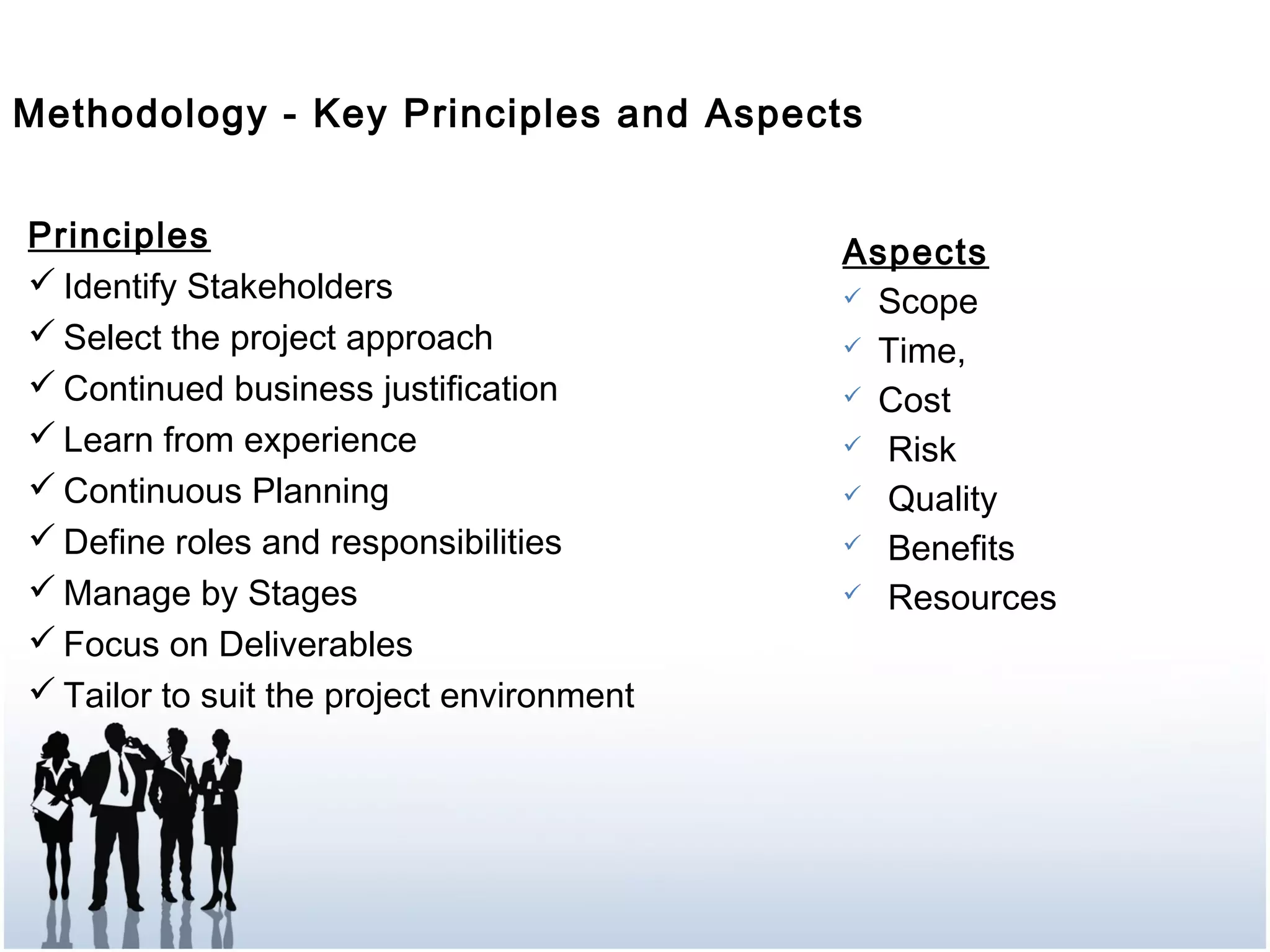 Methodology - Key Principles and Aspects
Principles
 Identify Stakeholders
 Select the project approach
 Continued business justification
 Learn from experience
 Continuous Planning
 Define roles and responsibilities
 Manage by Stages
 Focus on Deliverables
 Tailor to suit the project environment
Aspects
 Scope
 Time,
 Cost
 Risk
 Quality
 Benefits
 Resources
 