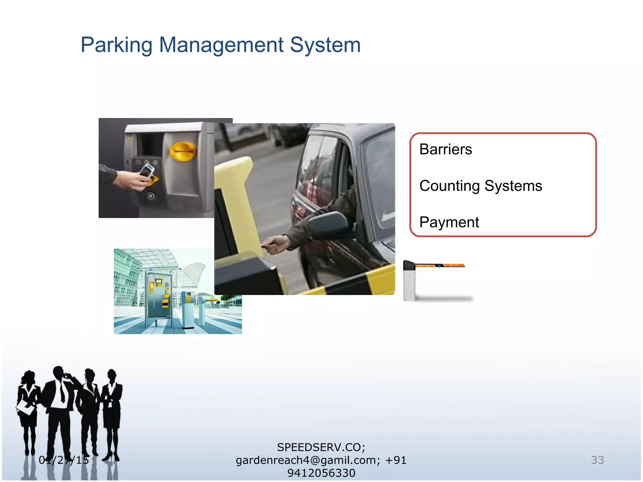 Parking Management System
Barriers
Counting Systems
Payment
01/27/15 33
SPEEDSERV.CO;
gardenreach4@gamil.com; +91
9412056330
 