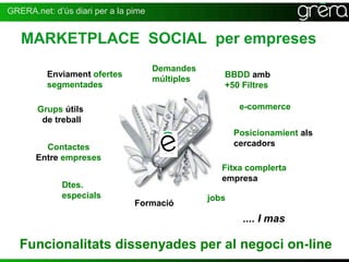 GRERA.net: d’ús diari per a la pime


   MARKETPLACE SOCIAL per empreses
                                      Demandes
          Enviament ofertes                          BBDD amb
                                      múltiples
          segmentades                                +50 Filtres

       Grups útils                                        e-commerce
        de treball
                                                         Posicionamient als
         Contactes                                       cercadors
       Entre empreses
                                                     Fitxa complerta
                                                     empresa
             Dtes.
             especials                            jobs
                                Formació
                                                           .... I mas

   Funcionalitats dissenyades per al negoci on-line
                                                  22
 