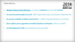 VOUS AVEZ VU…
Windows Azure Active Directory : un service moderne pour les défis actuels
Un socle incontournable et ouvert : 600+ Application SaaS, fournisseurs d’identités tiers
Un service scalable et utilisé massivement : 1 million d’authentifications / 2 minutes
Deux options pour supporter le modèle hybride en entreprise : DirSync et ADFS
Le développement .NET pour exploiter les services AAD
 