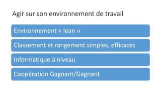 Agir sur son environnement de travail
Environnement « lean »
Classement et rangement simples, efficaces
Informatique à niveau
Coopération Gagnant/Gagnant
 
