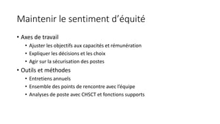 Maintenir le sentiment d’équité
• Axes de travail
• Ajuster les objectifs aux capacités et rémunération
• Expliquer les décisions et les choix
• Agir sur la sécurisation des postes
• Outils et méthodes
• Entretiens annuels
• Ensemble des points de rencontre avec l’équipe
• Analyses de poste avec CHSCT et fonctions supports
 