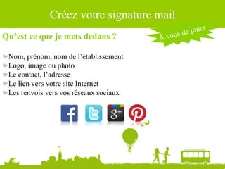 Source : Ludovic Dublanchet
Créez votre signature mail
Qu’est ce que je mets dedans ?
Nom, prénom, nom de l’établissement
Logo, image ou photo
Le contact, l’adresse
Le lien vers votre site Internet
Les renvois vers vos réseaux sociaux
 