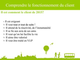 Comprendre le fonctionnement du client
Il est comment le client de 2015?
Il est exigeant
Il veut tout et tout de suite !
Il attend de la réactivité, de l’instantanéité
Il se fie aux avis de ses amis
Il veut qu’on lui facilite la vie
Il aime être valorisé
Il veut être traité en V.I.P
 