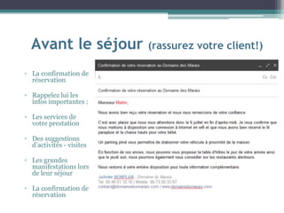 Avant le séjour (rassurez votre client!)
▫ La confirmation de
réservation
▫ Rappelez lui les
infos importantes :
▫ Les services de
votre prestation
▫ Des suggestions
d’activités - visites
▫ Les grandes
manifestations lors
de leur séjour
▫ La confirmation de
réservation
 