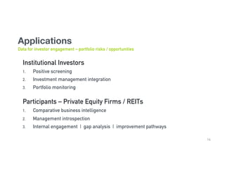 Applications 

Data for investor engagement – portfolio risks / opportunities
Institutional Investors
1.  Positive screening
2.  Investment management integration
3.  Portfolio monitoring
Participants – Private Equity Firms / REITs
1.  Comparative business intelligence
2.  Management introspection
3.  Internal engagement | gap analysis | improvement pathways
14
 