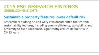 2015 ESG RESEARCH FINDINGS
GRESB.COM/INSIGHTS
Sustainable property features lower default risk
Researchers Xudong An and Gary Pivo documented that certain
sustainability features, including energy efficiency, walkability, and
proximity to fixed-rail transit, significantly reduce default risk in
CMBS loans.
 