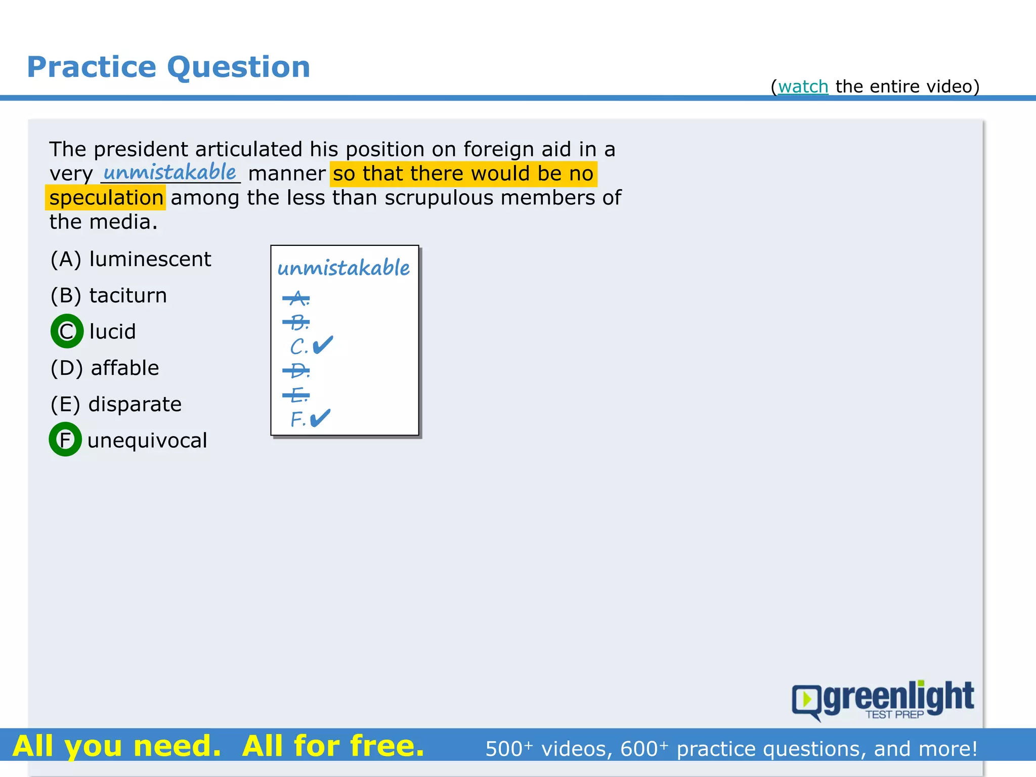 Practice Question
The president articulated his position on foreign aid in a
very ___________ manner so that there would be no
speculation among the less than scrupulous members of
the media.
(A) luminescent
(B) taciturn
(C) lucid
(D) affable
(E) disparate
(F) unequivocal
unmistakable
A.
B.
C.
D.
E.
F.
unmistakable


(watch the entire video)
 