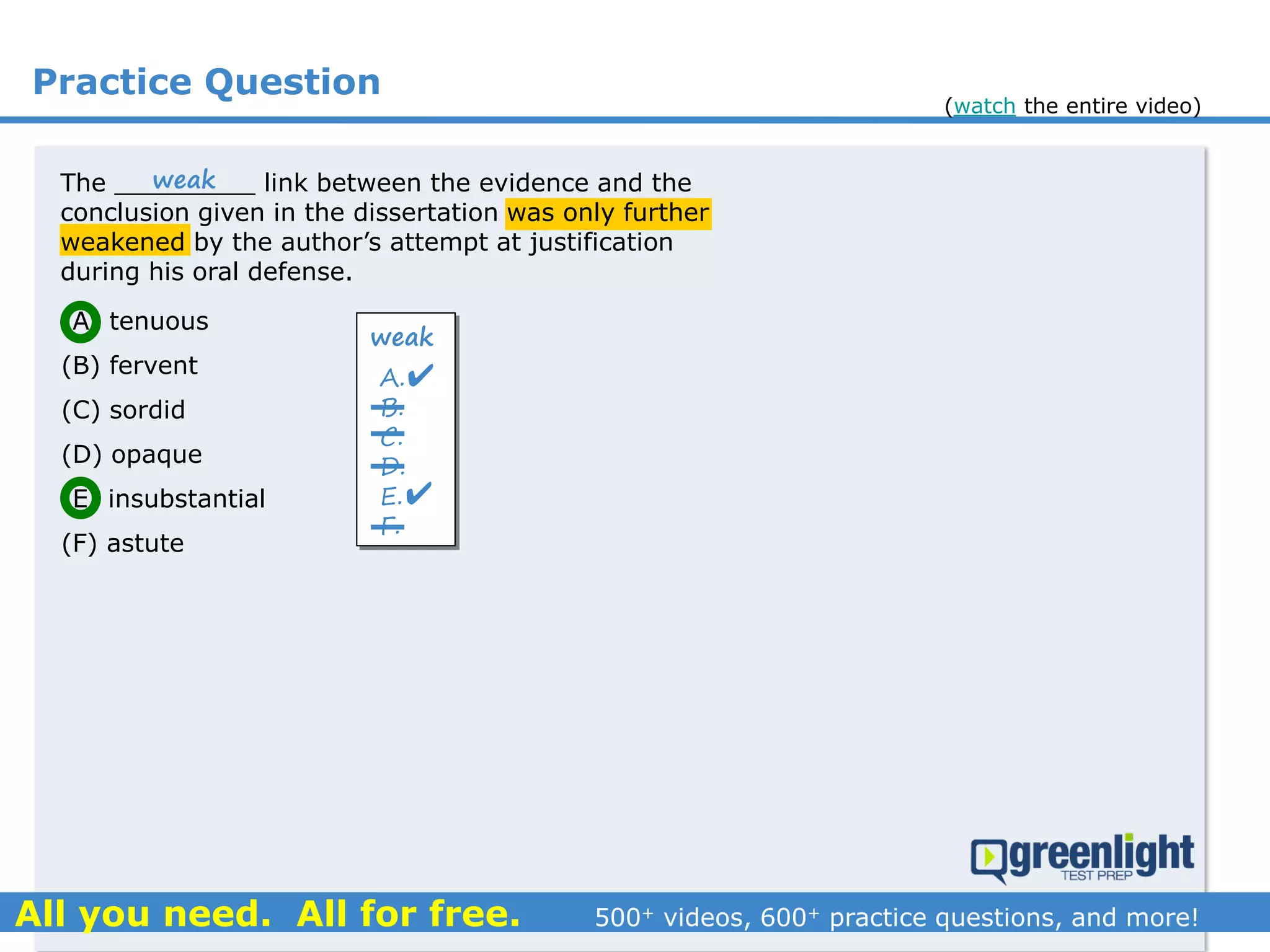 Practice Question
The _________ link between the evidence and the
conclusion given in the dissertation was only further
weakened by the author’s attempt at justification
during his oral defense.
(A) tenuous
(B) fervent
(C) sordid
(D) opaque
(E) insubstantial
(F) astute
weak
A.
B.
C.
D.
E.
F.


weak
(watch the entire video)
 