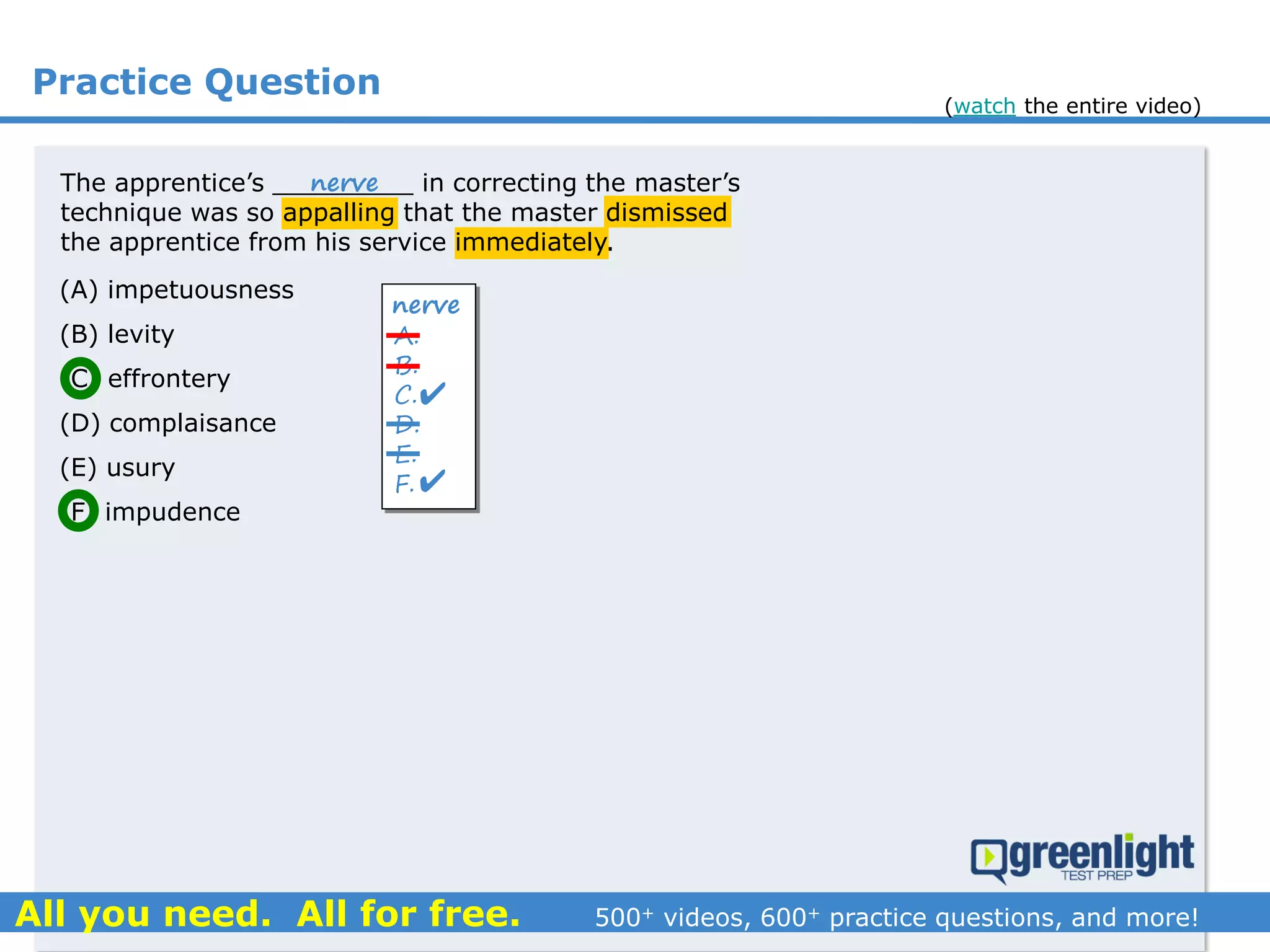 Practice Question
The apprentice’s _________ in correcting the master’s
technique was so appalling that the master dismissed
the apprentice from his service immediately.
(A) impetuousness
(B) levity
(C) effrontery
(D) complaisance
(E) usury
(F) impudence
A.
B.
C.
D.
E.
F.
nerve
nerve


(watch the entire video)
 