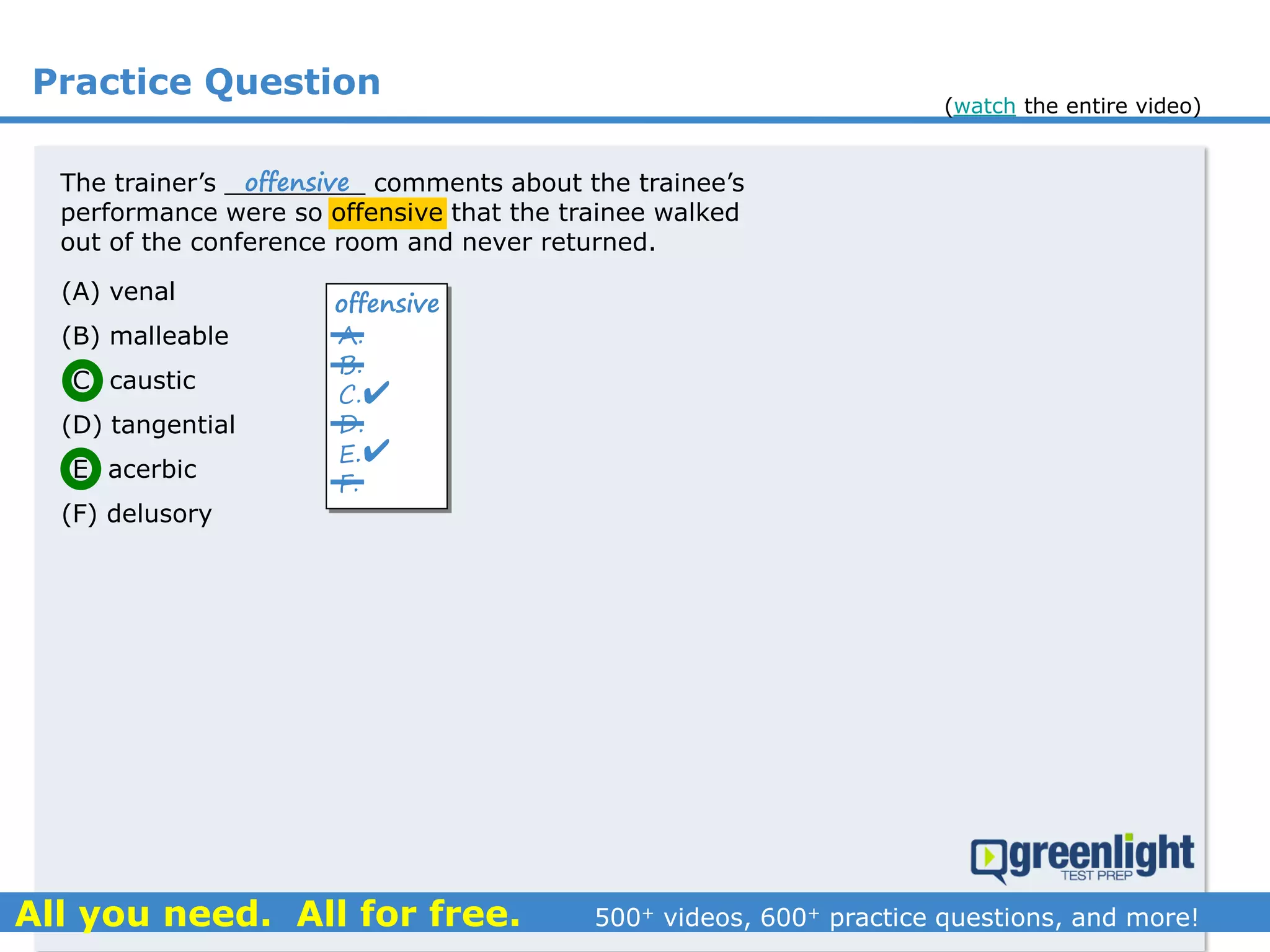 Practice Question
The trainer’s _________ comments about the trainee’s
performance were so offensive that the trainee walked
out of the conference room and never returned.
A.
B.
C.
D.
E.
F.
offensive


offensive
(A) venal
(B) malleable
(C) caustic
(D) tangential
(E) acerbic
(F) delusory
(watch the entire video)
 