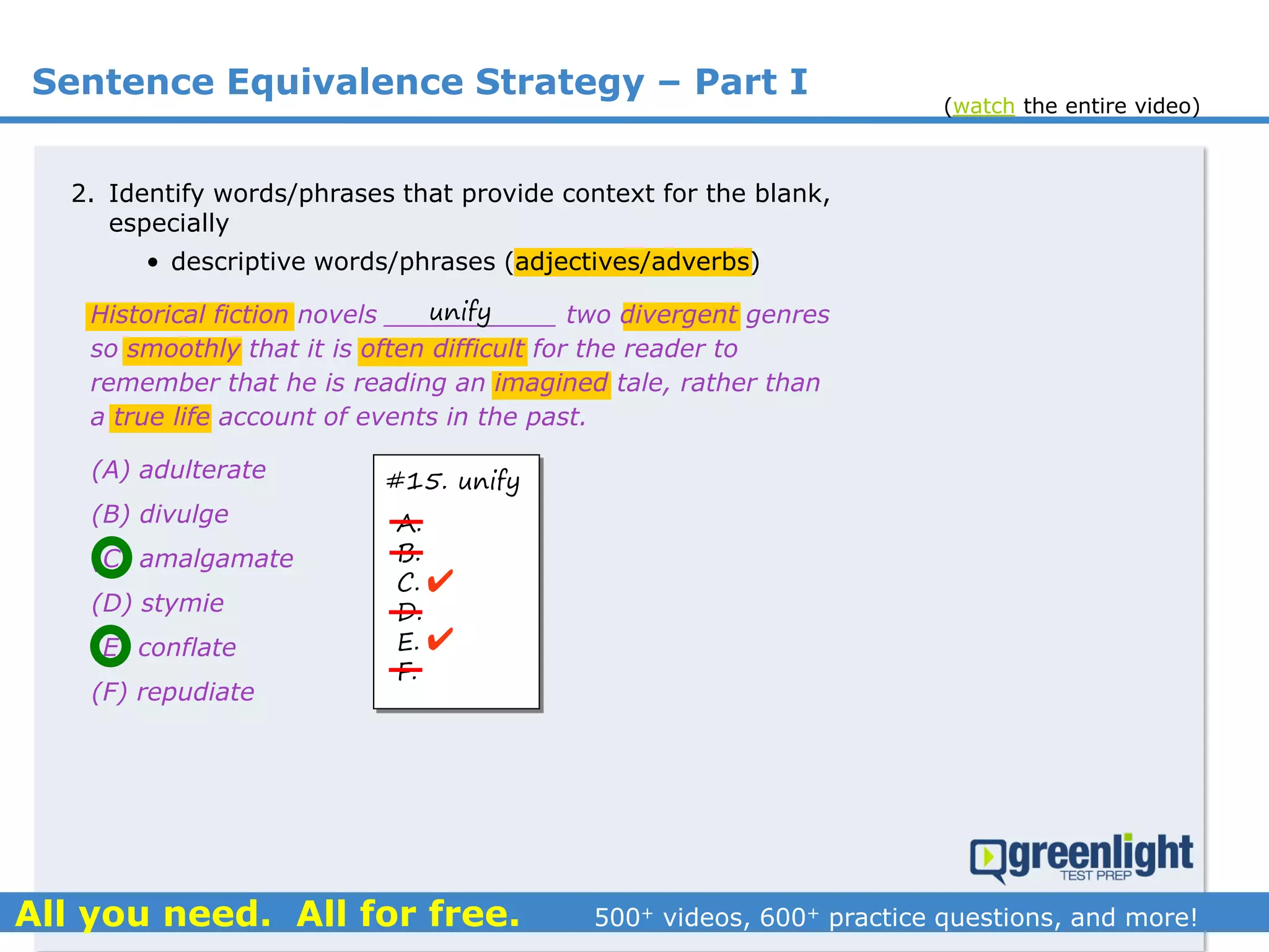 Sentence Equivalence Strategy – Part I
(A) adulterate
(B) divulge
(C) amalgamate
(D) stymie
(E) conflate
(F) repudiate
2. Identify words/phrases that provide context for the blank,
especially
• descriptive words/phrases (adjectives/adverbs)
Historical fiction novels ___________ two divergent genres
so smoothly that it is often difficult for the reader to
remember that he is reading an imagined tale, rather than
a true life account of events in the past.
A.
B.
C.
D.
E.
F.
unify
#15. unify


(watch the entire video)
 