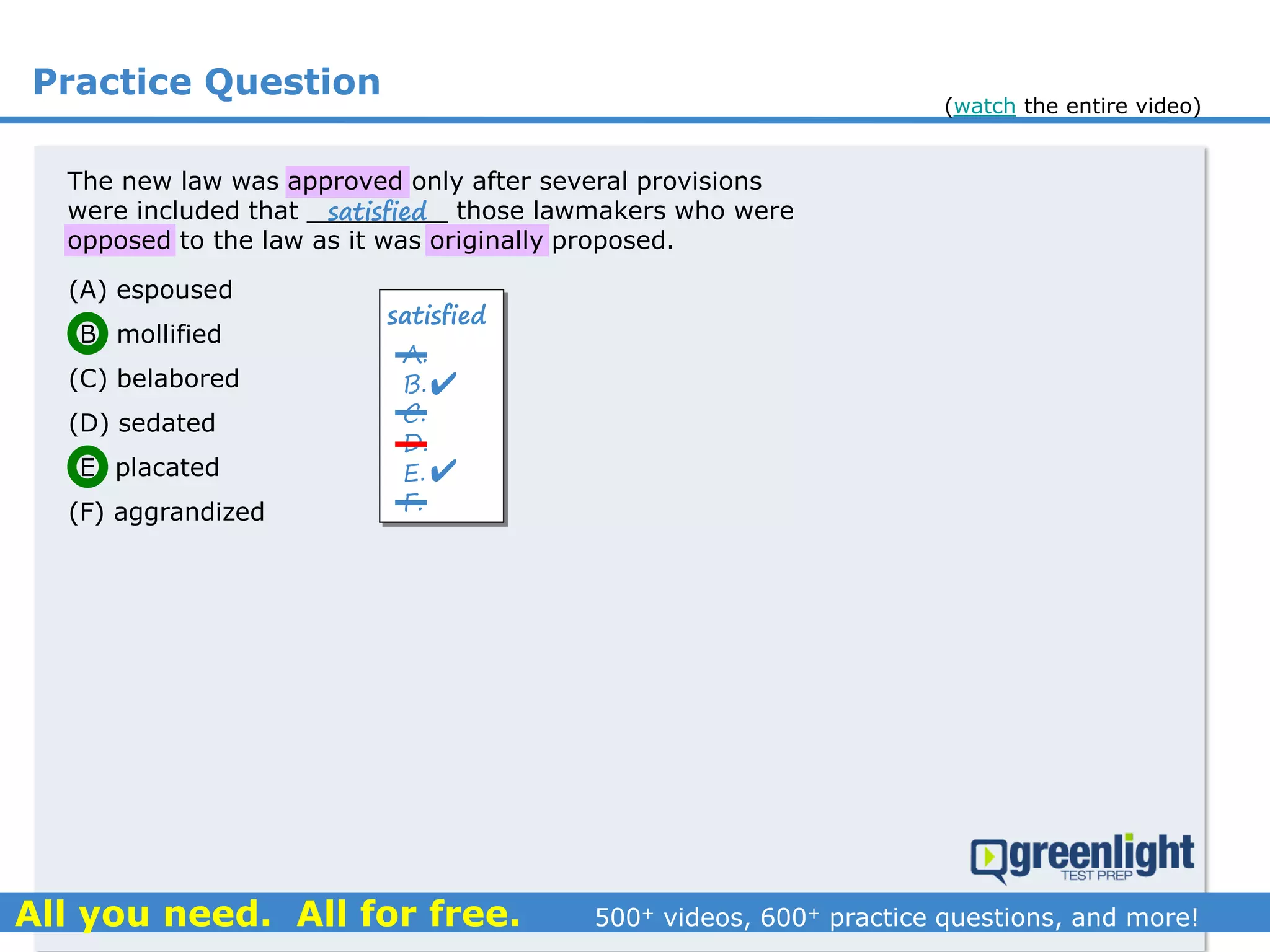 Practice Question
(A) espoused
(B) mollified
(C) belabored
(D) sedated
(E) placated
(F) aggrandized
The new law was approved only after several provisions
were included that _________ those lawmakers who were
opposed to the law as it was originally proposed.
satisfied
A.
B.
C.
D.
E.
F.


satisfied
(watch the entire video)
 