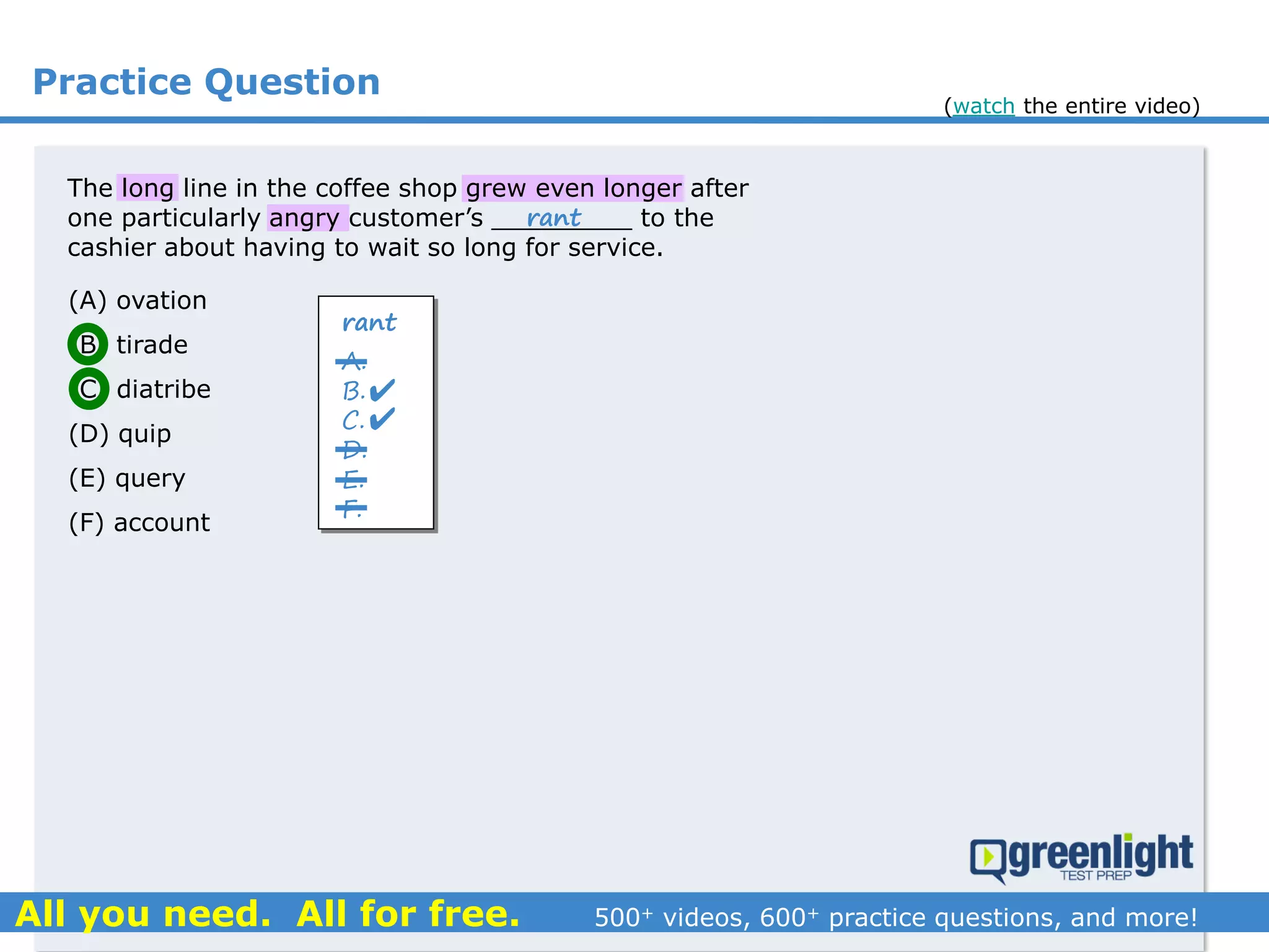 Practice Question
The long line in the coffee shop grew even longer after
one particularly angry customer’s _________ to the
cashier about having to wait so long for service.
(A) ovation
(B) tirade
(C) diatribe
(D) quip
(E) query
(F) account
rant
A.
B.
C.
D.
E.
F.


rant
(watch the entire video)
 