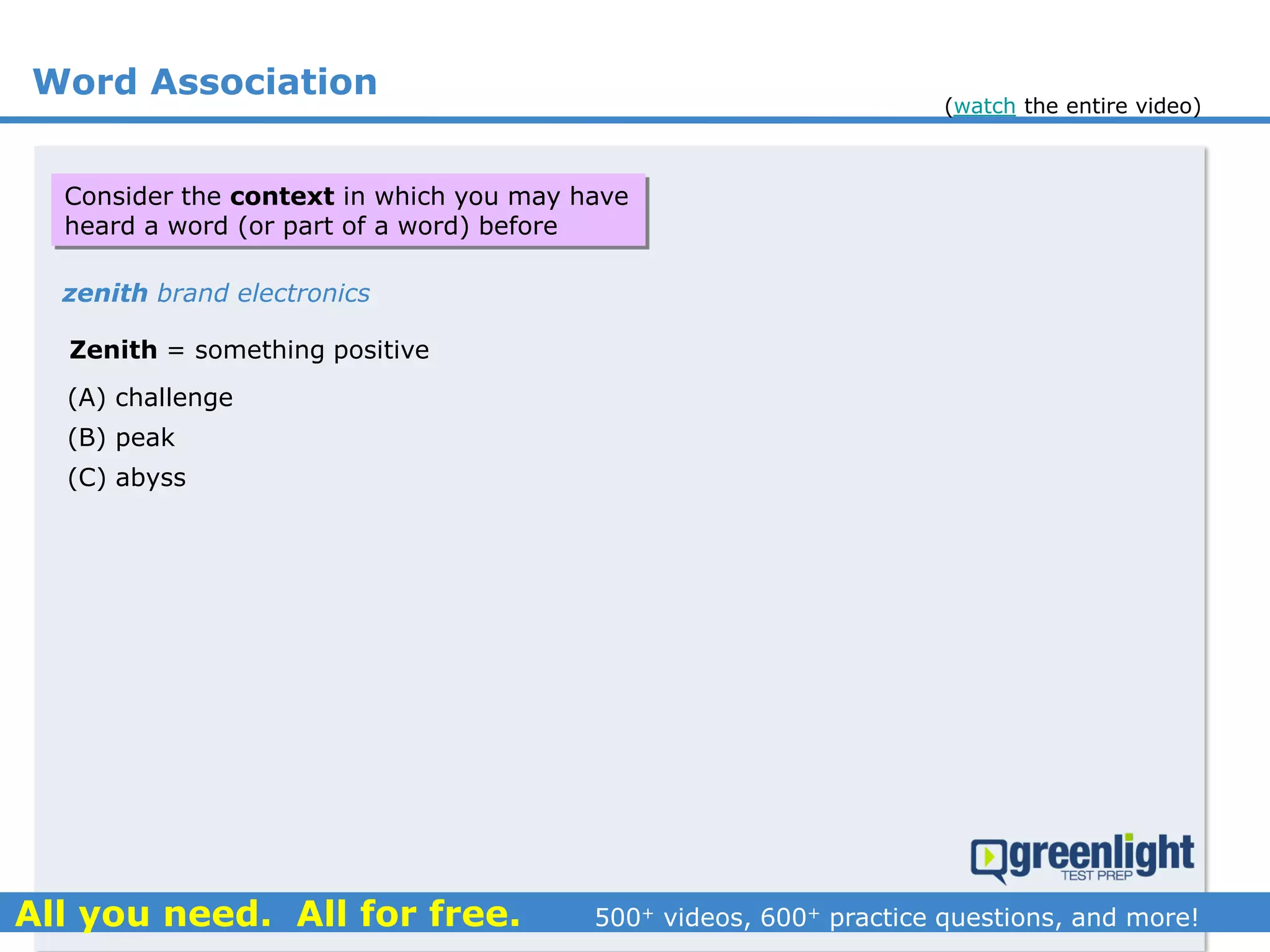 Word Association
Zenith = something positive
zenith brand electronics
(A) challenge
(B) peak
(C) abyss
Consider the context in which you may have
heard a word (or part of a word) before
(watch the entire video)
 