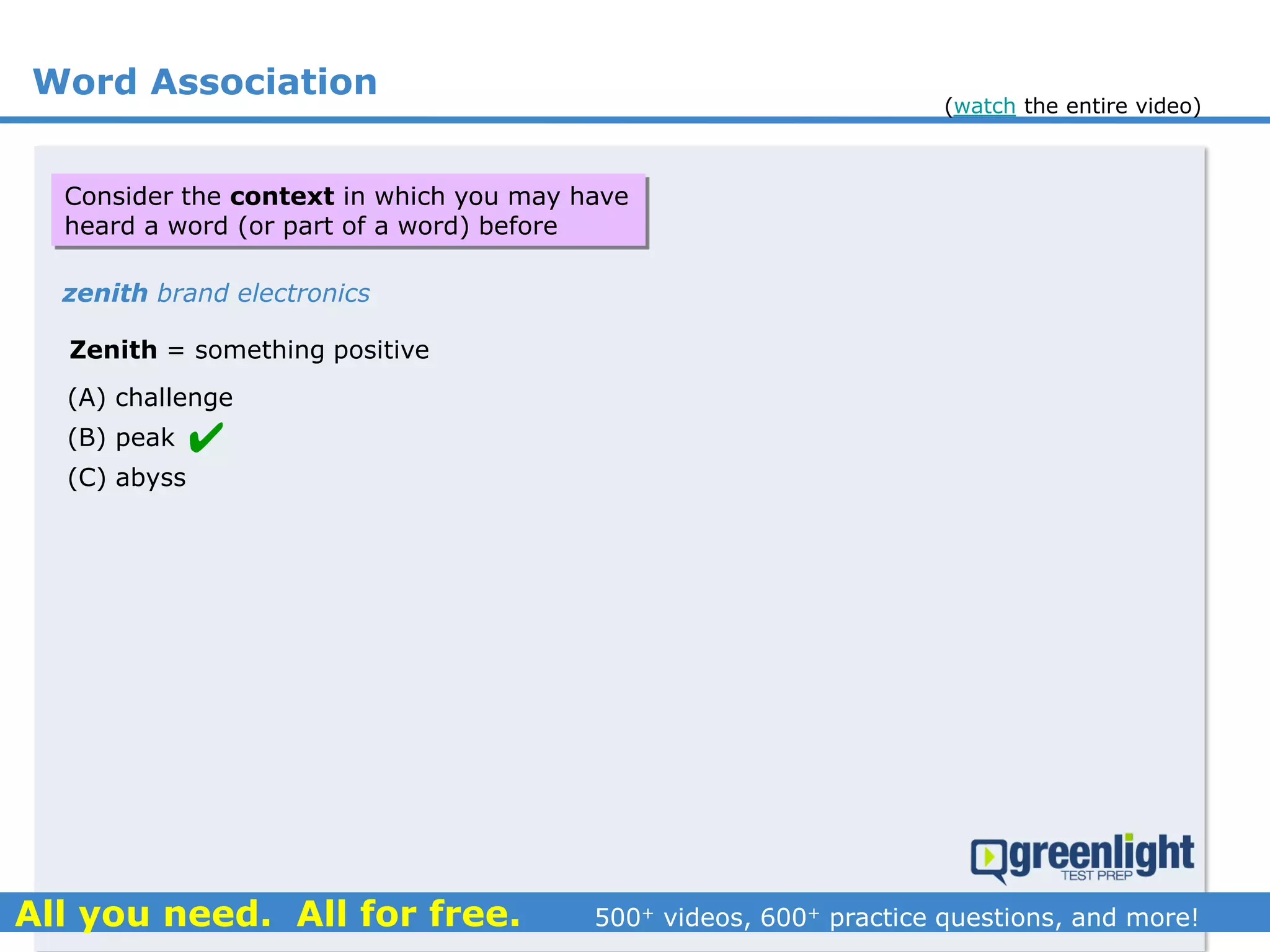 Word Association
Zenith = something positive
zenith brand electronics
(A) challenge
(B) peak
(C) abyss

Consider the context in which you may have
heard a word (or part of a word) before
(watch the entire video)
 