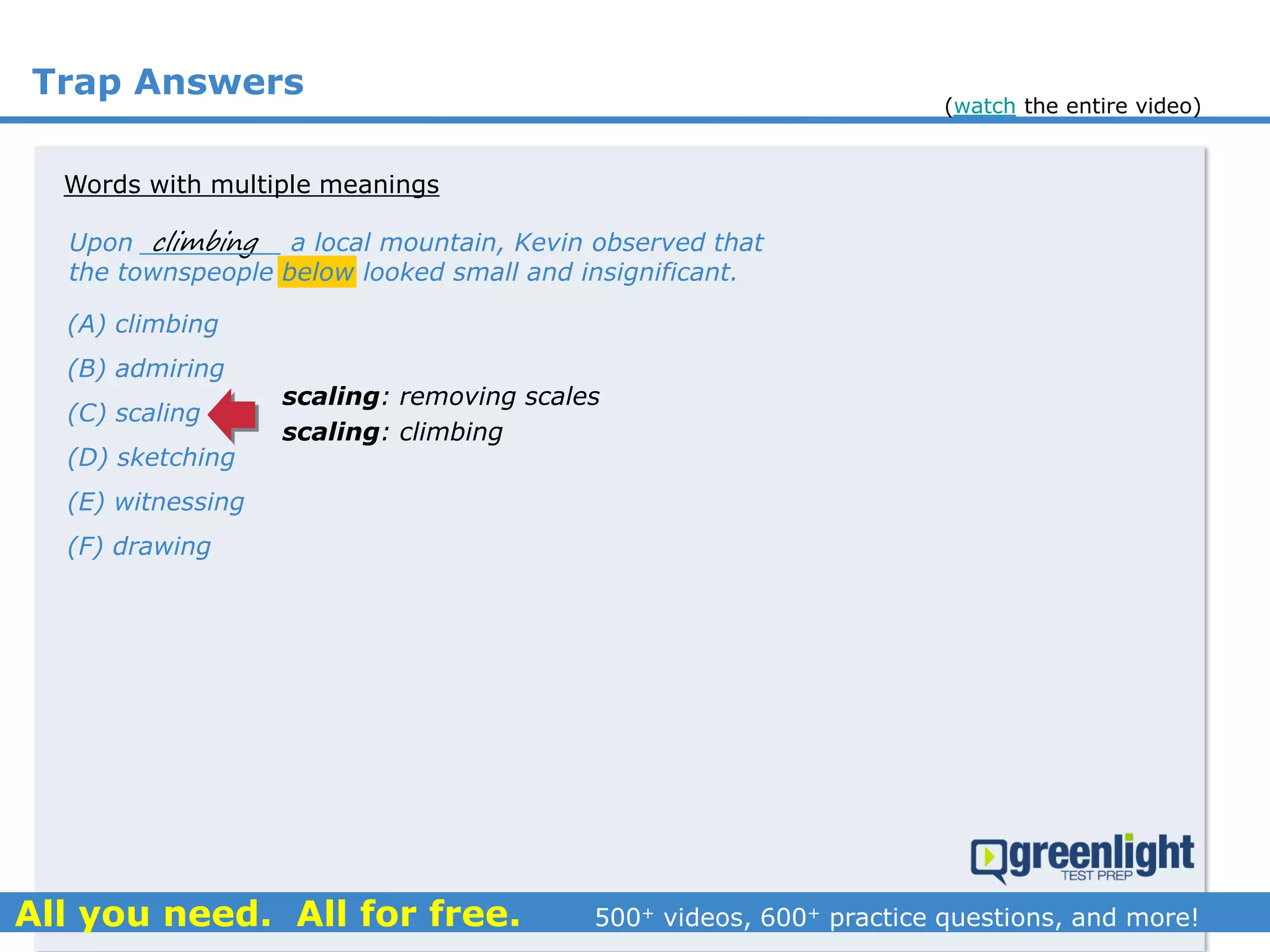 Trap Answers
(A) climbing
(B) admiring
(C) scaling
(D) sketching
(E) witnessing
(F) drawing
climbing
scaling: removing scales
scaling: climbing
Upon _________ a local mountain, Kevin observed that
the townspeople below looked small and insignificant.
Words with multiple meanings
(watch the entire video)
 