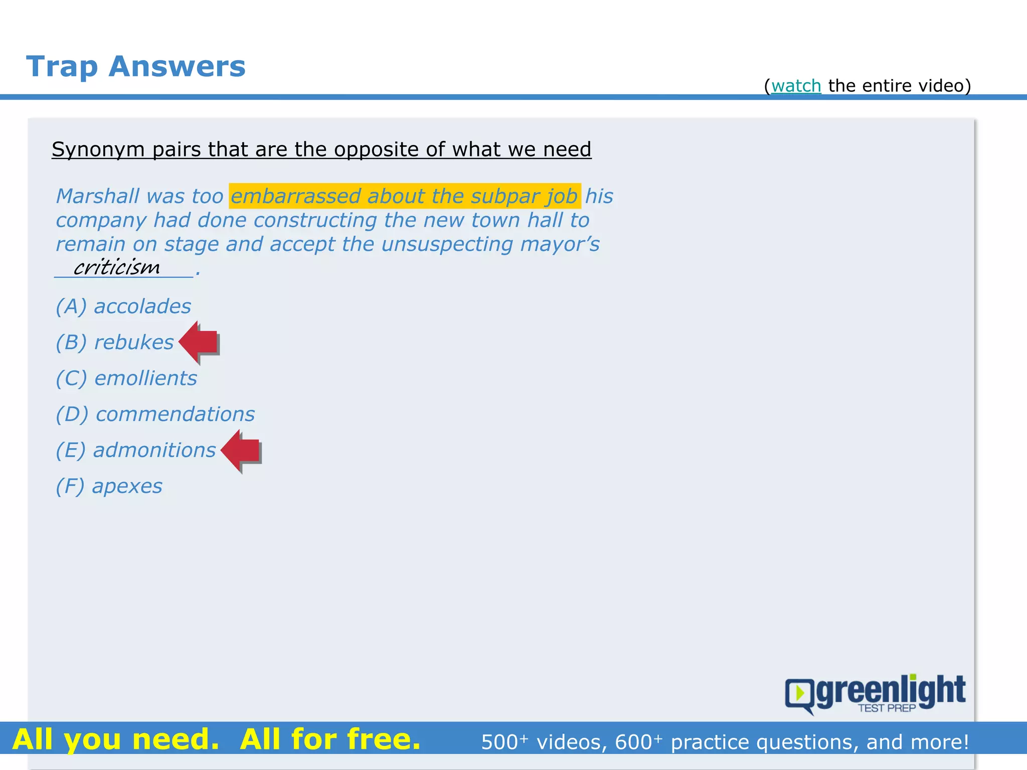 Trap Answers
Synonym pairs that are the opposite of what we need
Marshall was too embarrassed about the subpar job his
company had done constructing the new town hall to
remain on stage and accept the unsuspecting mayor’s
___________.
(A) accolades
(B) rebukes
(C) emollients
(D) commendations
(E) admonitions
(F) apexes
criticism
(watch the entire video)
 