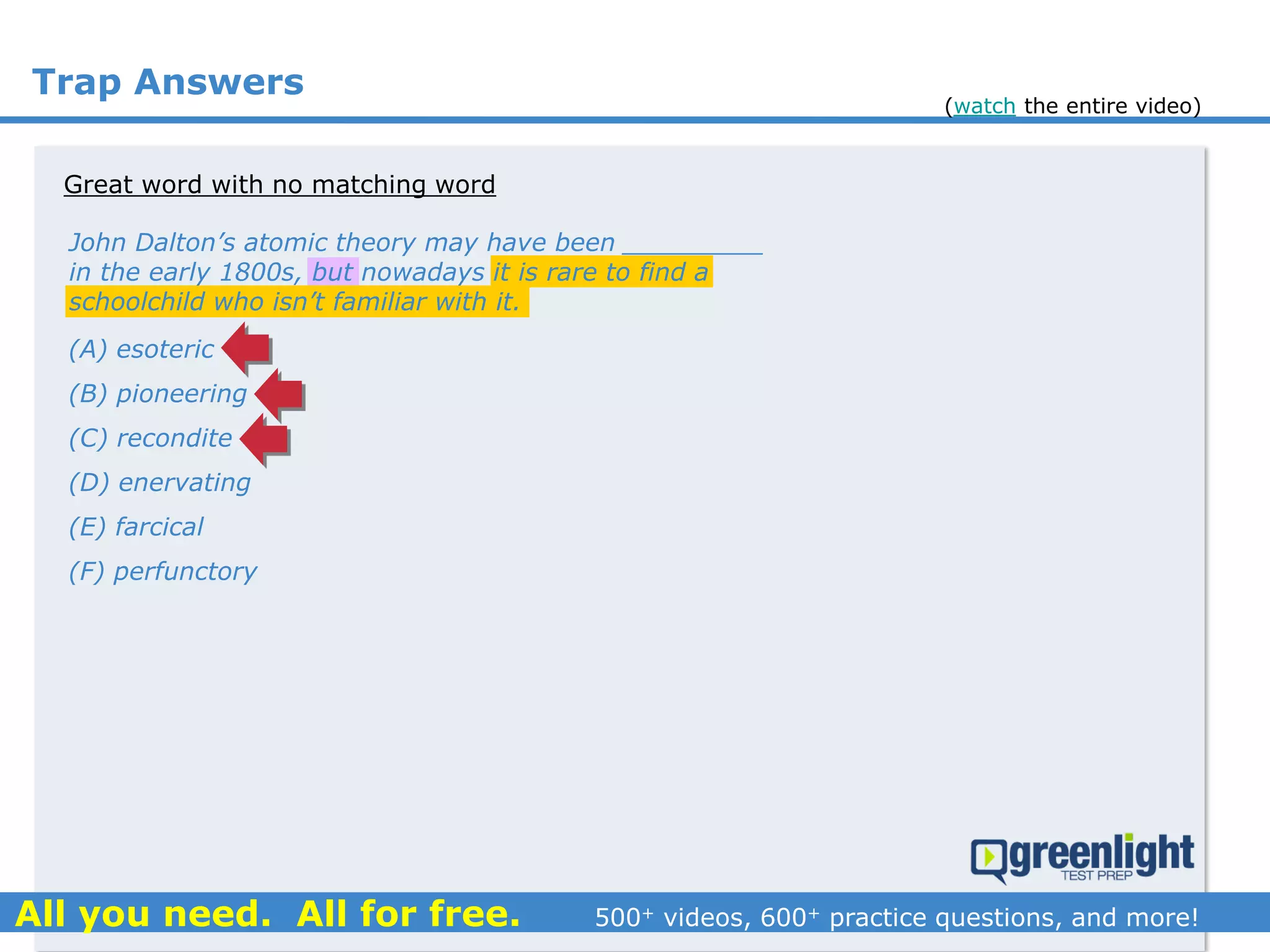 Trap Answers
Great word with no matching word
John Dalton’s atomic theory may have been _________
in the early 1800s, but nowadays it is rare to find a
schoolchild who isn’t familiar with it.
(A) esoteric
(B) pioneering
(C) recondite
(D) enervating
(E) farcical
(F) perfunctory
(watch the entire video)
 