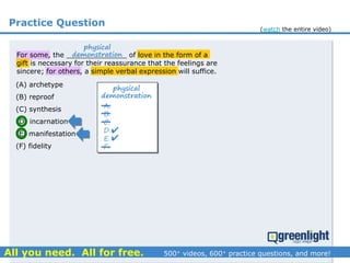 Practice Question
(A) archetype
(B) reproof
(C) synthesis
(D) incarnation
(E) manifestation
(F) fidelity
physical
demonstrationFor some, the ______________ of love in the form of a
gift is necessary for their reassurance that the feelings are
sincere; for others, a simple verbal expression will suffice.
A.
B.
C.
D.
E.
F.
physical
demonstration


(watch the entire video)
 