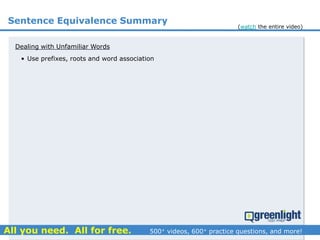 Sentence Equivalence Summary
(watch the entire video)
Dealing with Unfamiliar Words
• Use prefixes, roots and word association
 