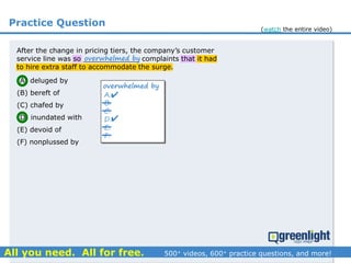 Practice Question
(A) deluged by
(B) bereft of
(C) chafed by
(D) inundated with
(E) devoid of
(F) nonplussed by
A.
B.
C.
D.
E.
F.
overwhelmed by


After the change in pricing tiers, the company’s customer
service line was so _____________ complaints that it had
to hire extra staff to accommodate the surge.
overwhelmed by
(watch the entire video)
 