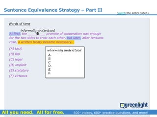 Sentence Equivalence Strategy – Part II
(A) tacit
(B) flip
(C) legal
(D) implicit
(E) statutory
(F) virtuous
At first, the _________ promise of cooperation was enough
for the two sides to trust each other, but later, after tensions
rose, a written treaty became necessary.
Words of time
informally understood
informally understood
A.
B.
C.
D.
E.
F.
(watch the entire video)
 