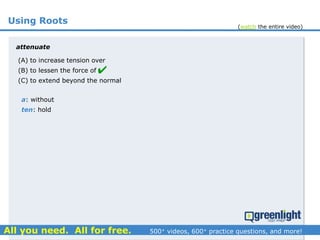 Using Roots
(A) to increase tension over
(B) to lessen the force of
(C) to extend beyond the normal
attenuate
a: without
ten: hold

(watch the entire video)
 