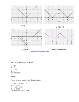 .
3. Which of the following is the largest?
A) 125%
B) 1.25
C) 1 + 1/3
D) 4/3
E) 0.0015/0.001
Solution
Convert all given quantities into decimal numbers
A) 125% = 125/100 = 1.25
B) 1.25 = 1.25
C) 1 + 1/3 = 1.333...
D) 4/3 = 1.333...
E) 0.0015/0.001 = 1.5/1 = 1.5
 