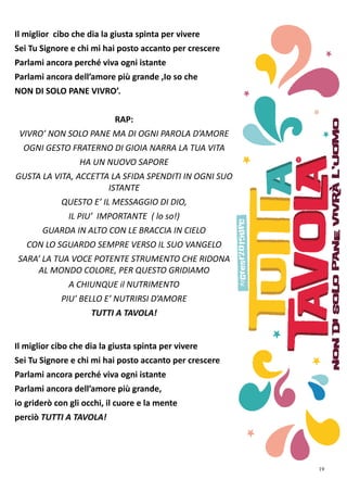19
Il miglior cibo che dia la giusta spinta per vivere
Sei Tu Signore e chi mi hai posto accanto per crescere
Parlami ancora perché viva ogni istante
Parlami ancora dell’amore più grande ,Io so che
NON DI SOLO PANE VIVRO’.
RAP:
VIVRO’ NON SOLO PANE MA DI OGNI PAROLA D’AMORE
OGNI GESTO FRATERNO DI GIOIA NARRA LA TUA VITA
HA UN NUOVO SAPORE
GUSTA LA VITA, ACCETTA LA SFIDA SPENDITI IN OGNI SUO
ISTANTE
QUESTO E’ IL MESSAGGIO DI DIO,
IL PIU’ IMPORTANTE ( lo so!)
GUARDA IN ALTO CON LE BRACCIA IN CIELO
CON LO SGUARDO SEMPRE VERSO IL SUO VANGELO
SARA’ LA TUA VOCE POTENTE STRUMENTO CHE RIDONA
AL MONDO COLORE, PER QUESTO GRIDIAMO
A CHIUNQUE il NUTRIMENTO
PIU’ BELLO E’ NUTRIRSI D’AMORE
TUTTI A TAVOLA!
Il miglior cibo che dia la giusta spinta per vivere
Sei Tu Signore e chi mi hai posto accanto per crescere
Parlami ancora perché viva ogni istante
Parlami ancora dell’amore più grande,
io griderò con gli occhi, il cuore e la mente
perciò TUTTI A TAVOLA!
 
