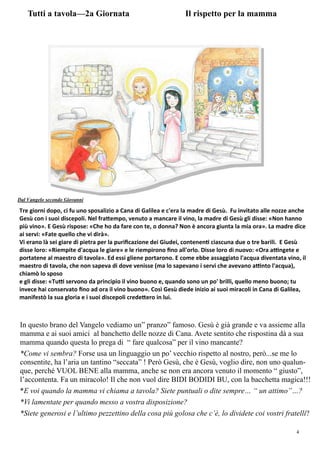 4
Tutti a tavola—2a Giornata Il rispetto per la mamma
In questo brano del Vangelo vediamo un” pranzo” famoso. Gesù è già grande e va assieme alla
mamma e ai suoi amici al banchetto delle nozze di Cana. Avete sentito che rispostina dà a sua
mamma quando questa lo prega di “ fare qualcosa” per il vino mancante?
*Come vi sembra? Forse usa un linguaggio un po’ vecchio rispetto al nostro, però...se me lo
consentite, ha l’aria un tantino “seccata” ! Però Gesù, che è Gesù, voglio dire, non uno qualun-
que, perché VUOL BENE alla mamma, anche se non era ancora venuto il momento “ giusto”,
l’accontenta. Fa un miracolo! Il che non vuol dire BIDI BODIDI BU, con la bacchetta magica!!!
*E voi quando la mamma vi chiama a tavola? Siete puntuali o dite sempre… “ un attimo”…?
*Vi lamentate per quando messo a vostra disposizione?
*Siete generosi e l’ultimo pezzettino della cosa più golosa che c’è, lo dividete coi vostri fratelli?
Tre giorni dopo, ci fu uno sposalizio a Cana di Galilea e c'era la madre di Gesù. Fu invitato alle nozze anche
Gesù con i suoi discepoli. Nel fra empo, venuto a mancare il vino, la madre di Gesù gli disse: «Non hanno
più vino». E Gesù rispose: «Che ho da fare con te, o donna? Non è ancora giunta la mia ora». La madre dice
ai servi: «Fate quello che vi dirà».
Vi erano là sei giare di pietra per la puriﬁcazione dei Giudei, contenen ciascuna due o tre barili. E Gesù
disse loro: «Riempite d'acqua le giare» e le riempirono ﬁno all'orlo. Disse loro di nuovo: «Ora a ngete e
portatene al maestro di tavola». Ed essi gliene portarono. E come ebbe assaggiato l'acqua diventata vino, il
maestro di tavola, che non sapeva di dove venisse (ma lo sapevano i servi che avevano a nto l'acqua),
chiamò lo sposo
e gli disse: «Tu servono da principio il vino buono e, quando sono un po' brilli, quello meno buono; tu
invece hai conservato ﬁno ad ora il vino buono». Così Gesù diede inizio ai suoi miracoli in Cana di Galilea,
manifestò la sua gloria e i suoi discepoli crede ero in lui.
Dal Vangelo secondo Giovanni
 