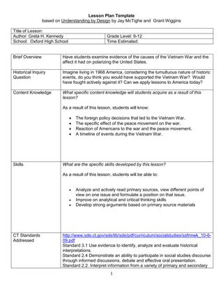 Lesson Plan Template <br />based on Understanding by Design by Jay McTighe and  Grant Wiggins<br />Title of Lesson:  Author: Greta H. KennedyGrade Level: 9-12School:  Oxford High SchoolTime Estimated: <br />,[object Object]