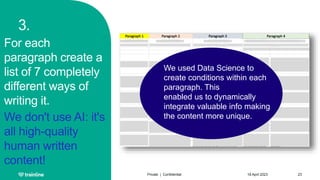 3.
For each
paragraph create a
list of 7 completely
different ways of
writing it.
We don't use AI: it's
all high-quality
human written
content!
18 April 2023
Private | Confidential 23
We used Data Science to
create conditions within each
paragraph. This
enabled us to dynamically
integrate valuable info making
the content more unique.
 